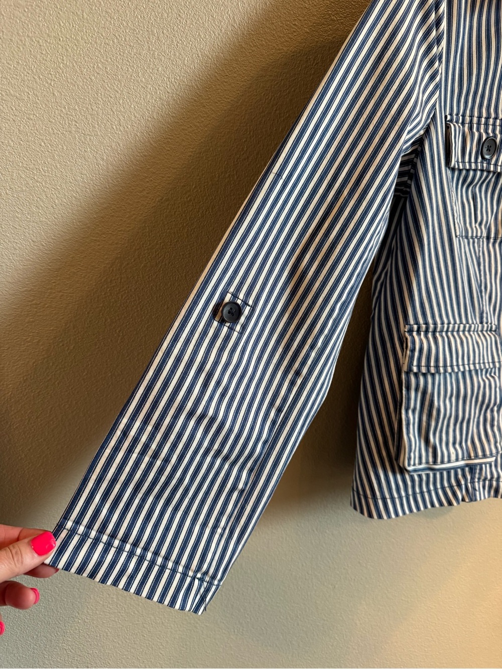 Tribal Blue and White Striped Coastal Button-Up Jacket Size M - Picture 8 of 13